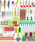Ultimate 380 Pcs Fishing Lures Kit For Bass, Trout, And Salmon with crankbaits, jigs, and spoons in tackle box.