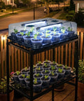 Two Pack 3 Inch Seed Starter Trays With Grow Lights And Humidity Domes, 40 Clear Nursery Pots, 20 Cell Trays on balcony at night