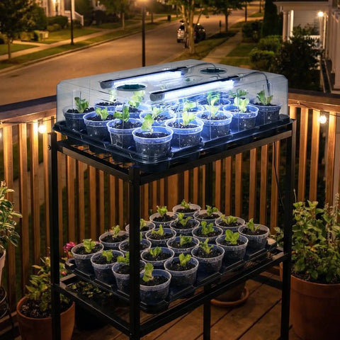 Two Pack 3 Inch Seed Starter Trays With Grow Lights And Humidity Domes, 40 Clear Nursery Pots, 20 Cell Trays on balcony at night
