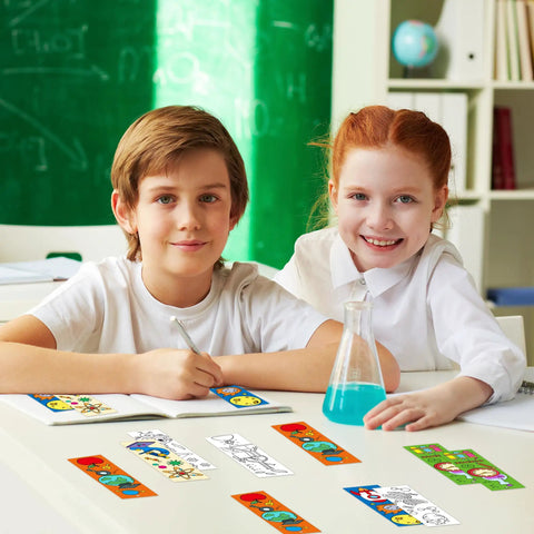 Children in a classroom with Color Your Own Science Bookmarks Set For Kids Kid Approved 72 Pcs DIY Chemistry Lab Astronaut Themed Coloring Bookmarks.