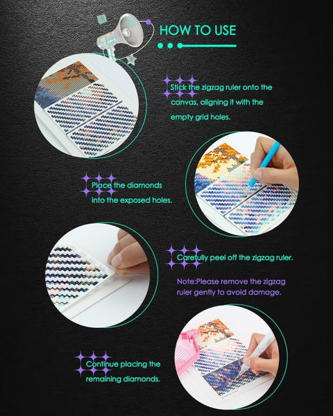 Instructions for using the 9 Piece Diamond Painting Zigzag Ruler Set For Beginners with step-by-step visual guide.