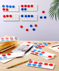 12 Sets Plastic Ten Frames For Classroom Math Manipulatives With 120 Red And Blue Counters, displayed on a table and wall.