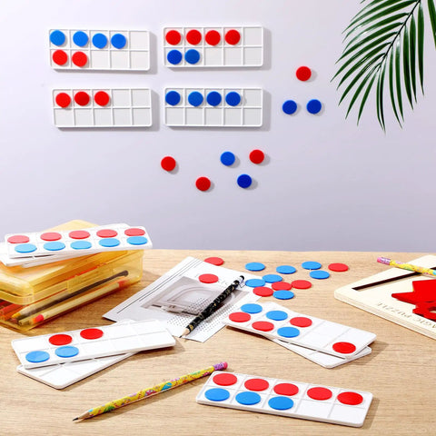 12 Sets Plastic Ten Frames For Classroom Math Manipulatives With 120 Red And Blue Counters, displayed on a table and wall.