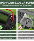 Close-up of 24 Inch Compost And Peat Moss Spreader for Lawn with upgraded side latches and diamond mesh, highlighting durability.