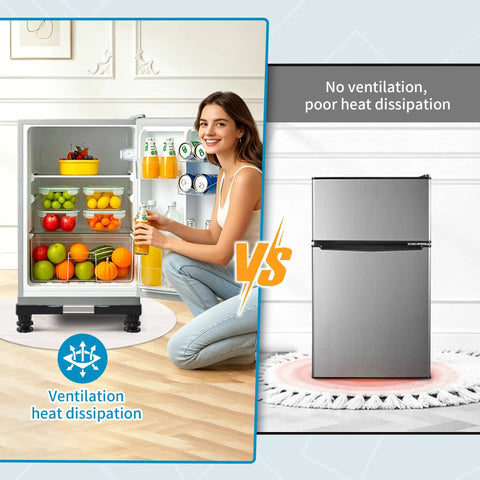 Comparison of ventilated and non-ventilated fridges on Universal Mobile Base Dolly With Four Double Wheel Casters For Mini Fridges Refrigerators Washers And Dryers Heavy Duty Stand Platform On Casters For Easy Under Counter Fit And Smooth Rolling.