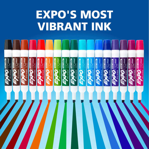 Low Odor Dry Erase Markers With Vibrant Ink And Chisel Tip 16 Count showing full color range on blue background
