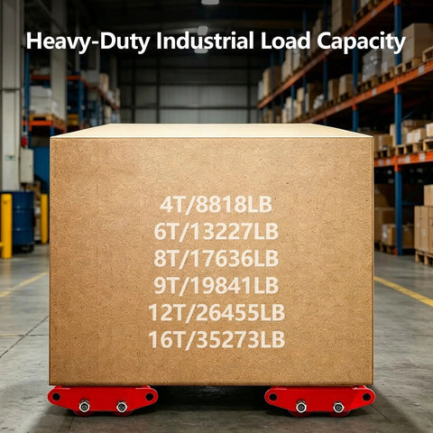 Heavy Duty Steel Roller Trolley Machine Move Skates Industrial Gear Hauler with load capacity markings on wooden crate