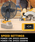 Dewalt 20V Battery Compatible Portable Jobsite Fan 7 Inch Cordless with power tool background and speed settings visible.
