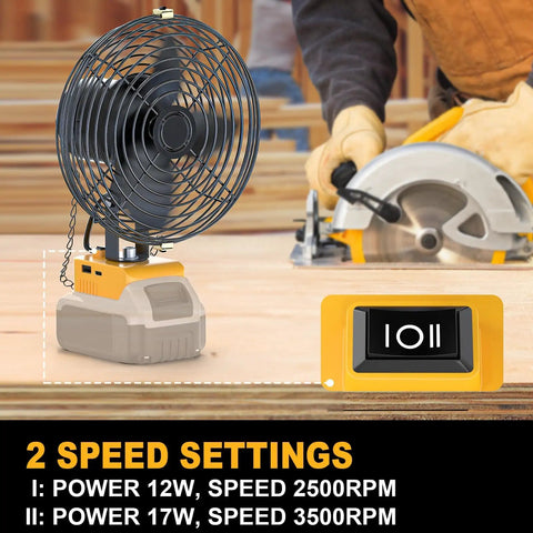 Dewalt 20V Battery Compatible Portable Jobsite Fan 7 Inch Cordless with power tool background and speed settings visible.