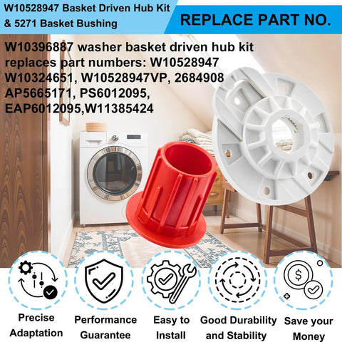 Washer Basket Driven Hub Kit With Bushing Assembly For Whirlpool Maytag Kenmore Washers Replacement W10528947 52719 AP5665171 2684908 Easy Install Ready To Roll. White and red plastic hub and bushing washer parts shown