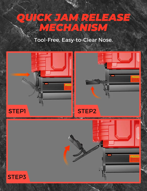 Quick jam release mechanism for Heavy Duty 18 Gauge Cordless Brad Nailer And 2 Inch Electric Stapler with tool-free, easy-to-clear design.