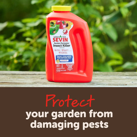 Red container of Garden Perimeter Insect Granules 3lb For Fast Acting Protection Against 100 Plus Pests Safe On Lawns.