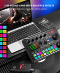 Live Sound Card Audio Mixer with Podcast Interface next to a laptop and smartphone for streaming and gaming