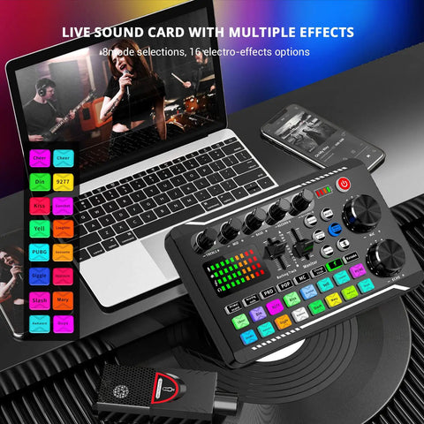 Live Sound Card Audio Mixer with Podcast Interface next to a laptop and smartphone for streaming and gaming