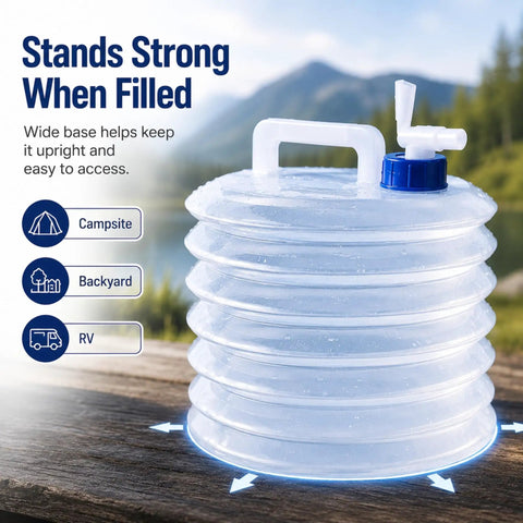 Collapsible Water Container With Spigot For Camping And Road Trips, Large Capacity Portable Folding Jug on table.