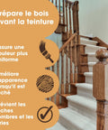 Smooth As Butter Pre Stain Wood Conditioner For Blotch Free Even Coverage prepares wooden staircase for even staining.