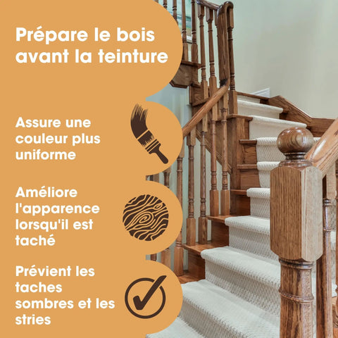 Smooth As Butter Pre Stain Wood Conditioner For Blotch Free Even Coverage prepares wooden staircase for even staining.