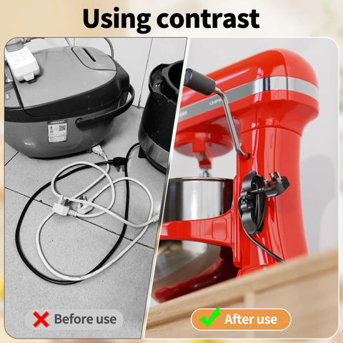 Before and after use of Six Pack Upgraded Kitchen Cord Organizer For Appliances Stick On Cord Wrappers And Holders
