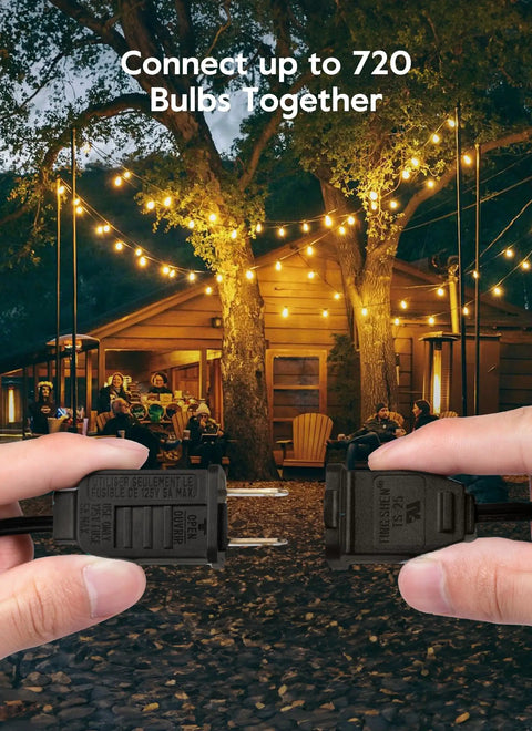 Connecting two Outdoor String Lights 50 Foot Long With 25 Plus 2 G40 LED Bulbs Shatterproof Patio Lights IP65 with a warm backyard scene.