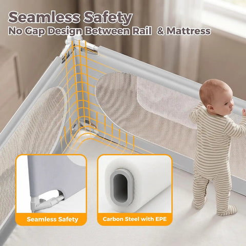 Three Side Queen Size Bed Rail For Toddlers With Headboard Rod No Drill Baby Guard, toddler standing beside rail