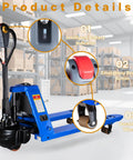 Heavy Duty Electric Pallet Jack With 3,300 Lbs Capacity And 48V Lithium Battery For Smooth Warehouse Haulin', detailed view of battery indicator, reverse button, and PU wheels.
