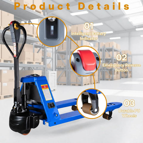 Heavy Duty Electric Pallet Jack With 3,300 Lbs Capacity And 48V Lithium Battery For Smooth Warehouse Haulin', detailed view of battery indicator, reverse button, and PU wheels.