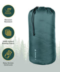 20L Ripstop Stuff Bag With Water Resistant DWR Coating Lightweight Outdoor Drawstring Sack in green with durability icons