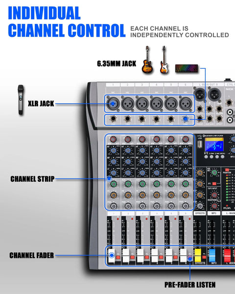 Eight Channel Pro DJ Mixer With Individual Channel Control And USB Recording To Computer showing channel jacks and faders