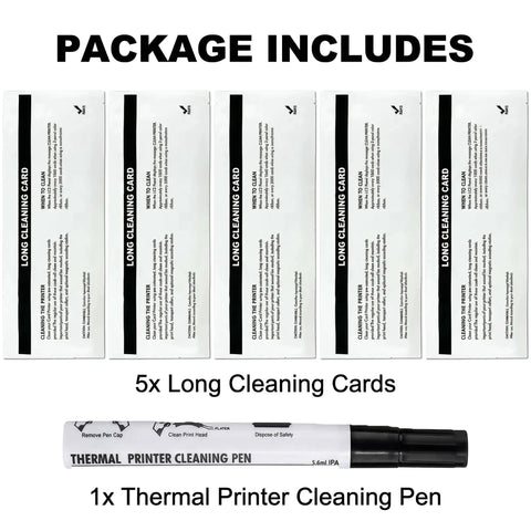 Pro Gear Thermal ID Card Printer Maintenance Kit includes five long cleaning cards and one thermal printer cleaning pen.