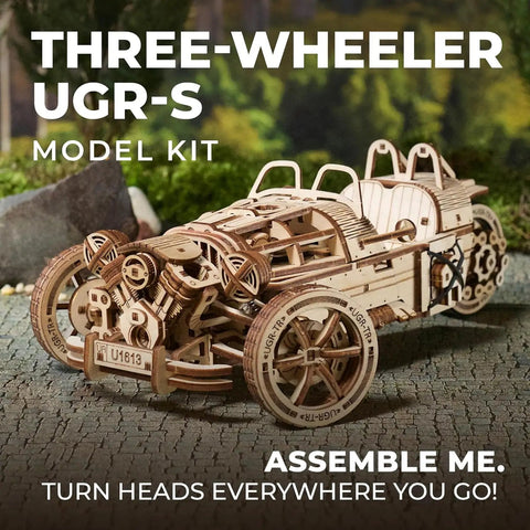 Three Wheeler UGR S DIY Wooden Model Kit With Spring Motor, Functional Steering, Chain Drive And Front Rear Suspensions, 3D Puzzle For Adults, Hands On Hobby Build To Impress Friends, wooden three-wheeler model