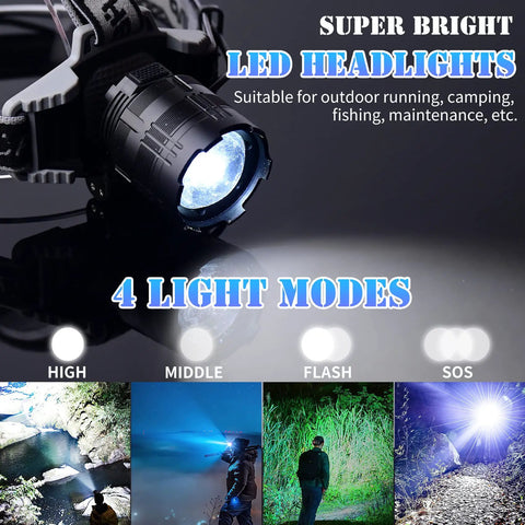Rechargeable LED Headlamp With 5000 Lumens For Adults Four Modes Zoomable Digital Display Waterproof Red Light