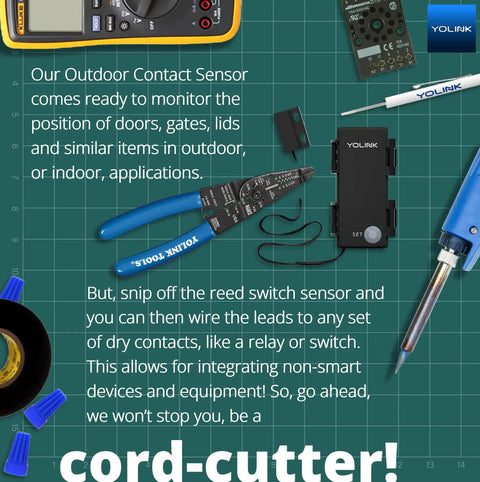 LoRa Smart Outdoor Contact Sensor tools and components on a workbench for setup and installation, featuring wire cutter and multimeter