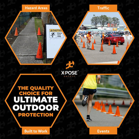 18 Inch Orange Traffic Cones 4 Pack Heavy Duty PVC Safety Cones For Parking Lots Soccer Practice Caution For Kids Construction DOT Approved Durable And Highly Visible in diverse settings including traffic management, hazard areas, and events.