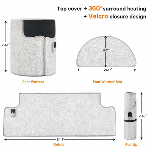 Under Desk Heater For Indoor Use Quiet Portable Space Heater For Home And Office Leg And Foot Warmer Small Personal Desk Heater Cozy Heating Buddy Ideal Gift For Women And Men with 53-inch mat and 360° surround heating design, unfolded and rolled dimensions, velcro closure.