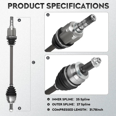 Subaru Forester Front CV Axle Shaft Assembly Fits 2014 2015 2016 2017 2018 2.0L 2.5L Left or Right Front Driver or Passenger Side Beefed Up Replacement Part 66 7568 showing spline details and product dimensions.