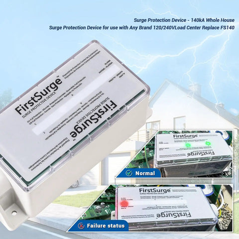Whole House Surge Protector 140kA Per Phase For 120/240V Load Centers, with dual green LEDs shown in residential setting