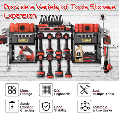 Garage Grade Heavy Duty Wall Mount Power Tool Organizer With Charging Station, featuring tools and accessories.