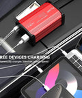 300W Car Power Inverter 12V to 110V AC With Dual Outlets and 27W PD USB-C Plus 18W USB-A Fast Charging, red on car seat.