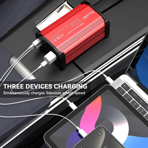 300W Car Power Inverter 12V to 110V AC With Dual Outlets and 27W PD USB-C Plus 18W USB-A Fast Charging, red on car seat.