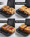 Ovente Electric Sandwich Maker With Quick Heating Non Stick Plates For Toasting Paninis And Omelets Perfect Hot Pressed Breakfast Grill Machine In Sleek Black Finish cooking various sandwiches.