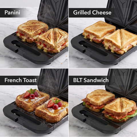 Ovente Electric Sandwich Maker With Quick Heating Non Stick Plates For Toasting Paninis And Omelets Perfect Hot Pressed Breakfast Grill Machine In Sleek Black Finish cooking various sandwiches.