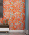 Interior view with Peel And Stick Orange Floral Wallpaper Roll 21x160 Inches For Bedroom And Living Room Self Adhesive shown on wall.