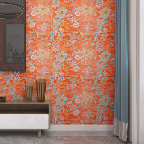 Interior view with Peel And Stick Orange Floral Wallpaper Roll 21x160 Inches For Bedroom And Living Room Self Adhesive shown on wall.