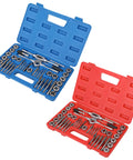 The Ultimate 80 Piece Tap And Die Set With Sae Metric Sizes For Auto Repair Pros Who Need Serious Thread Fixing Power GCr15 Steel Durability, blue and red cases open with tap and die tools