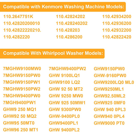 Compatible models list for Inlet Flow Meter Replacement for Washing Machine WPW10110225 Easy Install No Fuss High Flow Sensor