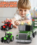 Child playing with massive 27 inch friction powered semi truck playset with two tractors farm vehicle set on the floor