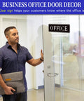 Self-Adhesive Office Door Sign For Home And Business, Waterproof And Fade-Resistant Modern Matte Black Sticker in use on glass door