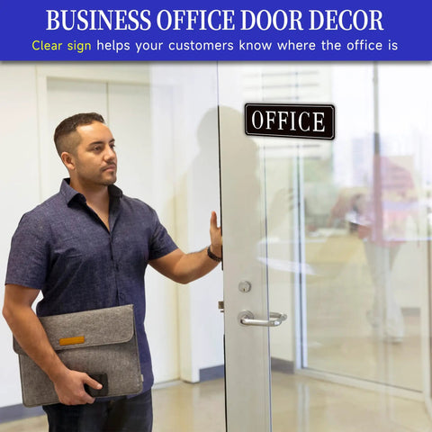 Self-Adhesive Office Door Sign For Home And Business, Waterproof And Fade-Resistant Modern Matte Black Sticker in use on glass door