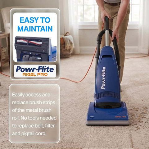 Rigorously Durable Powr Flite Rigel Commercial Upright Vacuum With 1200 Watt Motor For Heavy Duty Cleaning In Retail And Hospitality Spaces Featuring Automatic Height Adjustment Metal Brush Roll And Consistent Power Output For All Your Professional