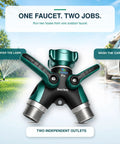 Two Way Hose Splitter Heavy Duty Outdoor Faucet Connector With Shut Off Valve All Metal Y Adapter For Garden Watering Leak Free Dual Outlet Spigot Splitter With Easy Grip Handles And Durable Weatherproof Build, front view